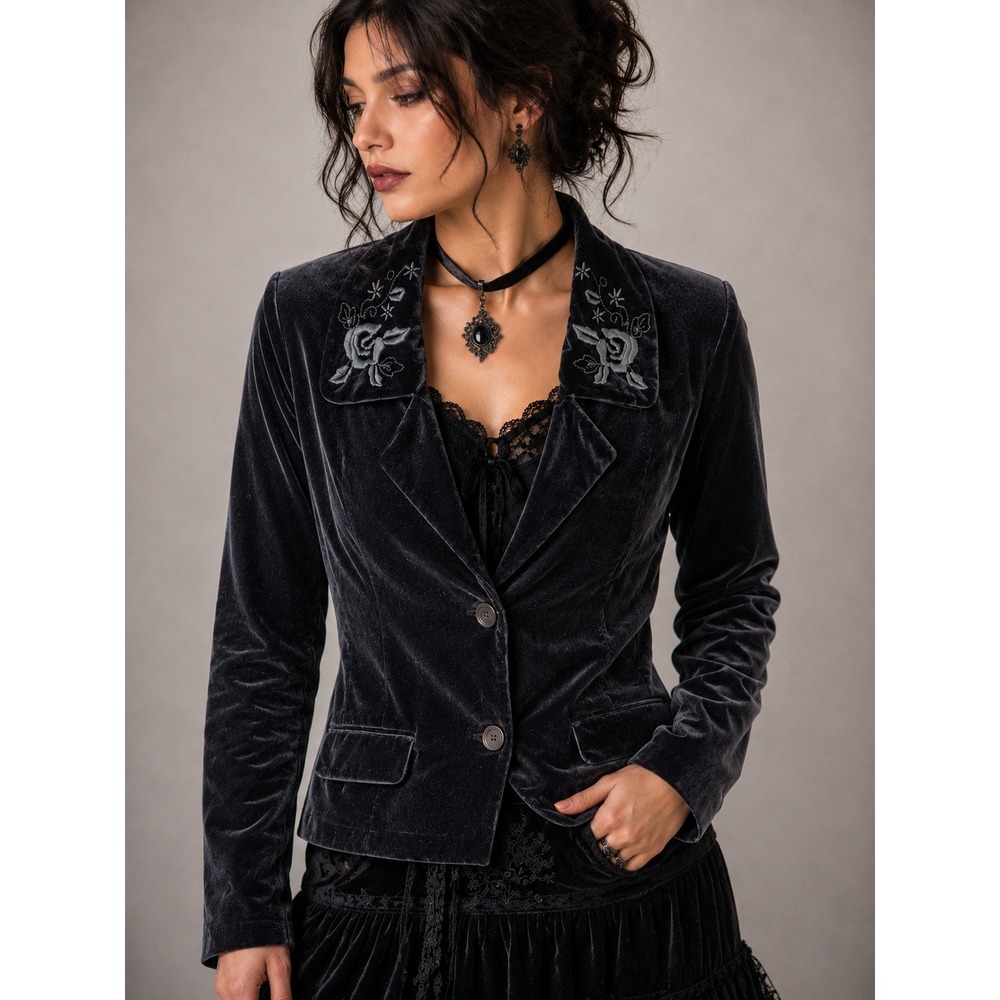 White Stag Black Velour Rose Embroidered Blazer Jacket Small Whimsigoth Goth Y2K